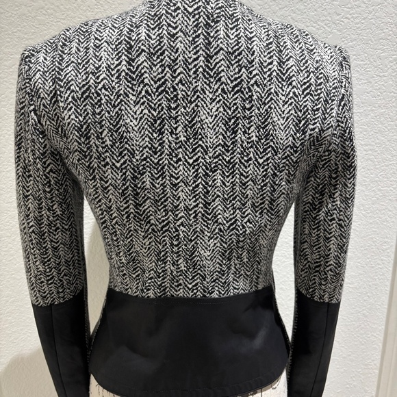 Cute Theory Women's Jacket Blazer black and white Herringbone w/ Leather Trim 4 - Picture 2 of 7